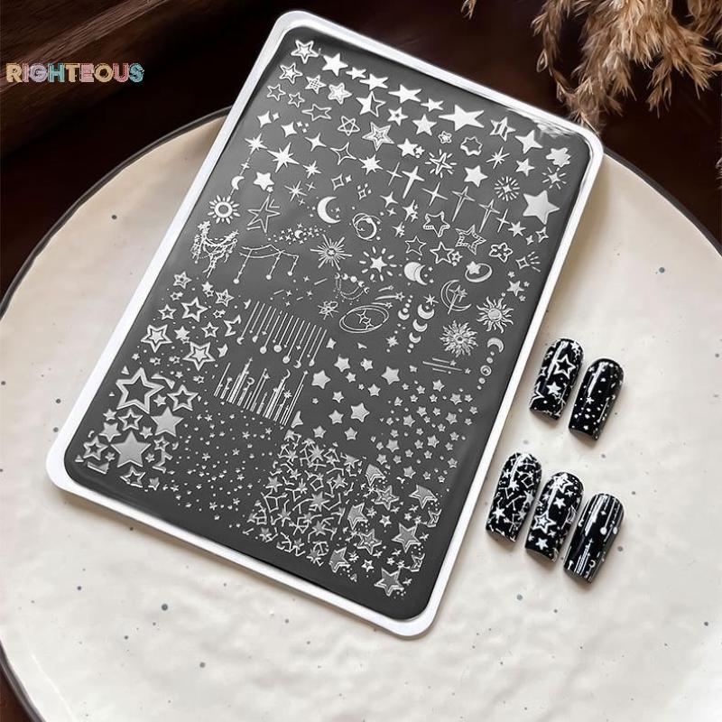 Rightrous 1 Pçs Dos Desenhos Animados Lua Estrelas Placas De Carimbo De Unhas Retângulo Modelo Estênceis Arte Do Prego P