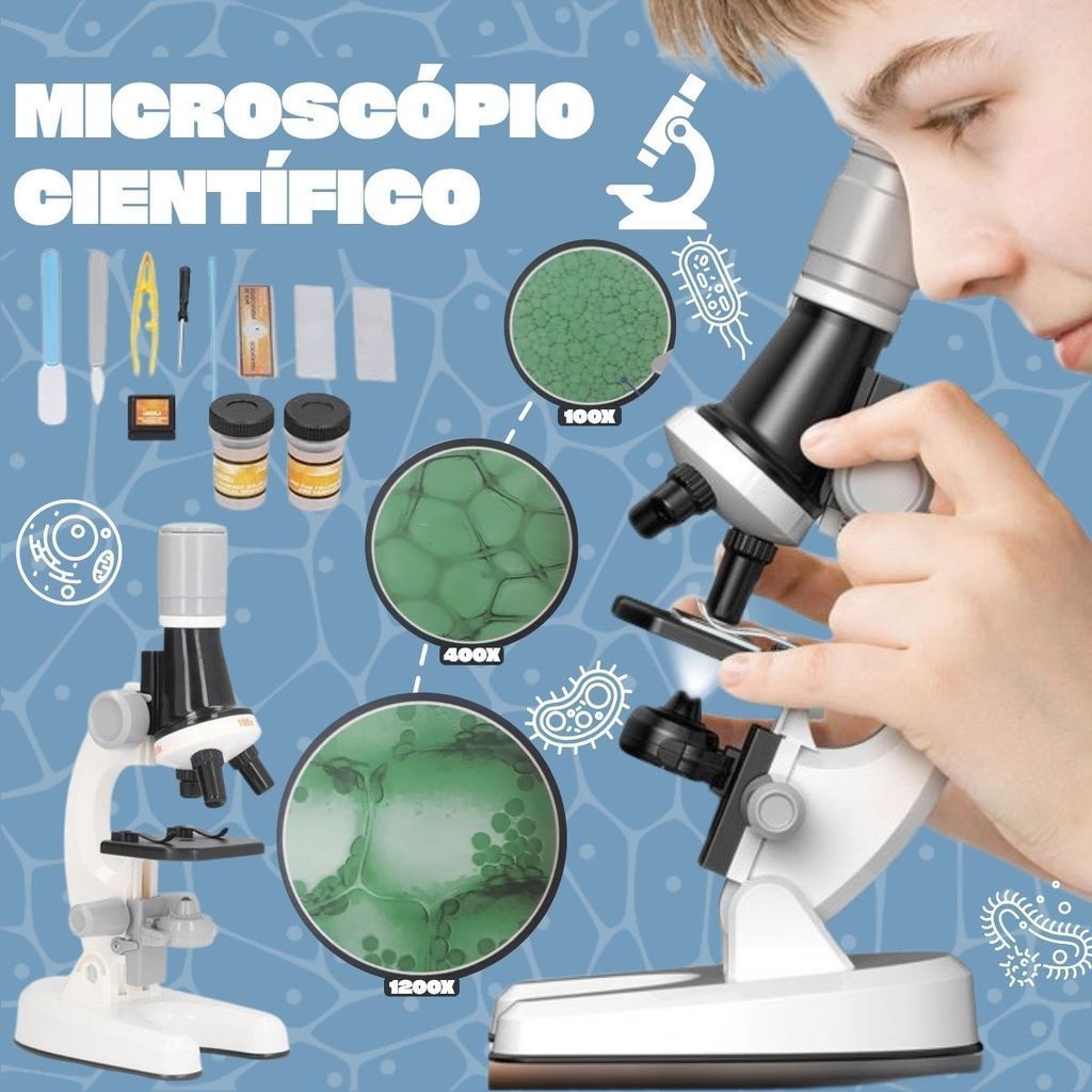Kit Microscópio Científico 1200x Aumento Com Lâminas Acessórios Biologia Escolar Educacional