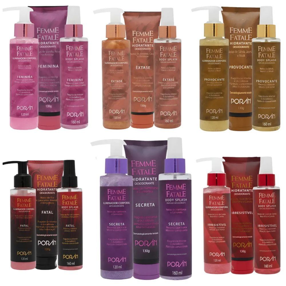 Kit Completo Femme Fatale Porán Hidratante Iluminador Body Splash