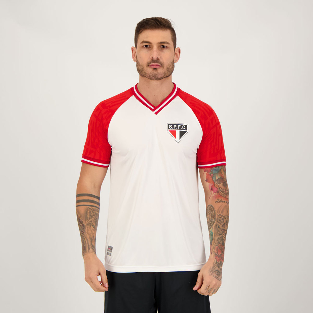 Camisa São Paulo Raglan Branca e Vermelha em Oferta na Shopee