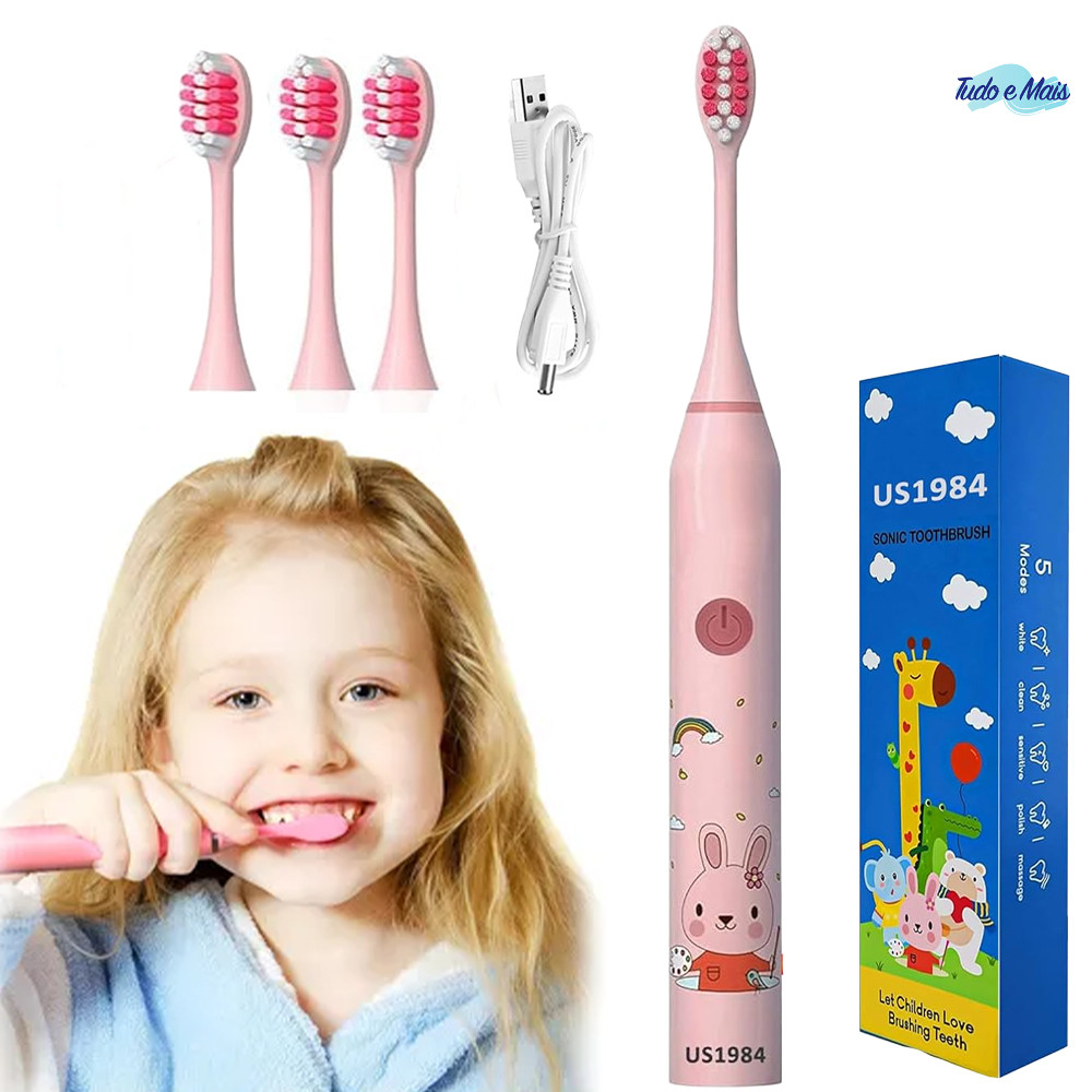 Escova de dentes sônica para crianças 1 a 3 anos à prova dágua cerdas macias protegem os dentes 4 cabeças
