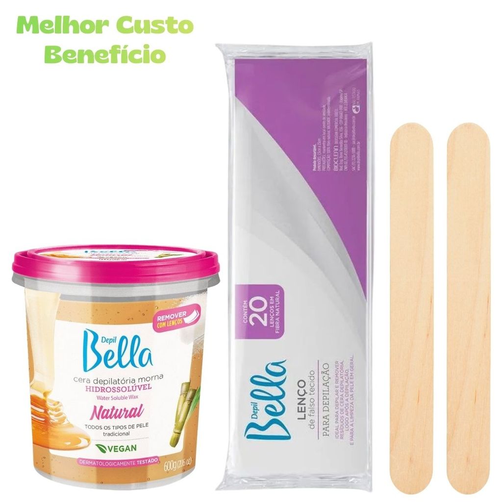 Combo Para Depilação Completa 1 Cera Hidrossolúvel Natural 600g + Lenço 20fls + 2 Espátulas Grátis em Oferta na Shopee