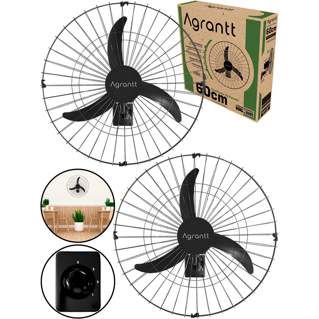 Kit 2 Ventilador De Parede 60cm 200w Turbo Oscilante Loja Escola Academia Comércio Igreja Agrantt