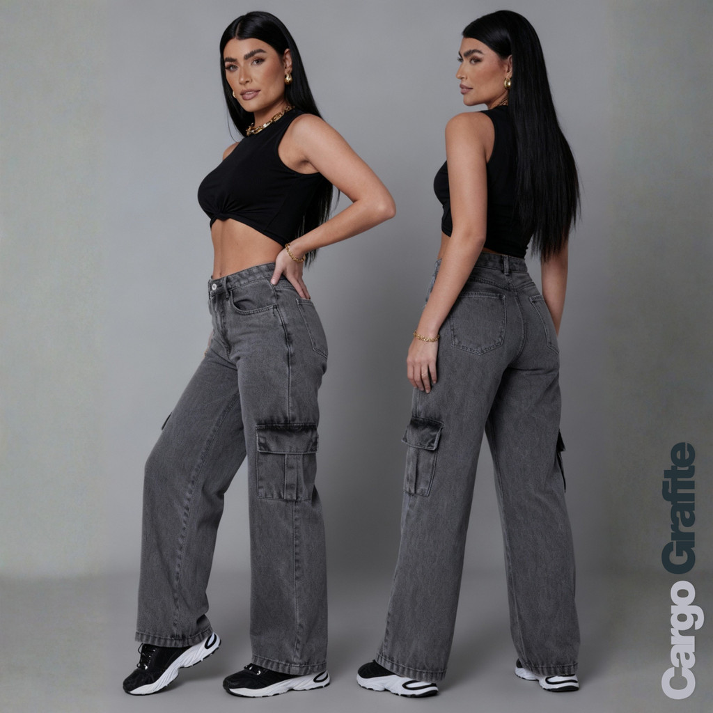 Calça Cargo Feminina Jeans Cintura Alta Moda Bolsos Laterais Wide Leg Pantalona Larga Elegante