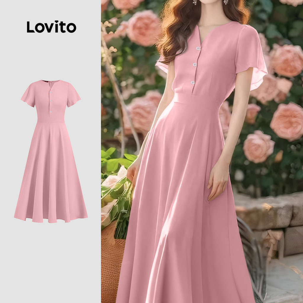 Lovito Vestido Elegante com Babados Na Primavera/verão  Vestido Rosa para Mulheres L142LD268