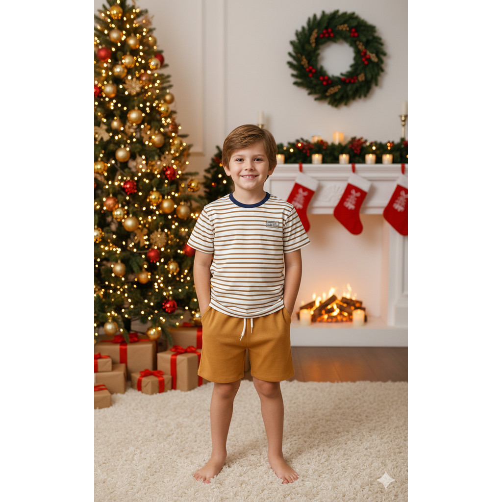 15150 CONJUNTO MASCULINO INFANTIL CAMISETA LISTRADA EM MEIA MALHA + BERMUDA MOLETINHO FAVO