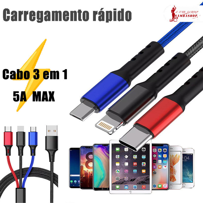 Cabo 3 em 1: Um Cabo para iPhone, Android e Todos os Dispositivos! Carregamento Rápido de Alta Velocidade！