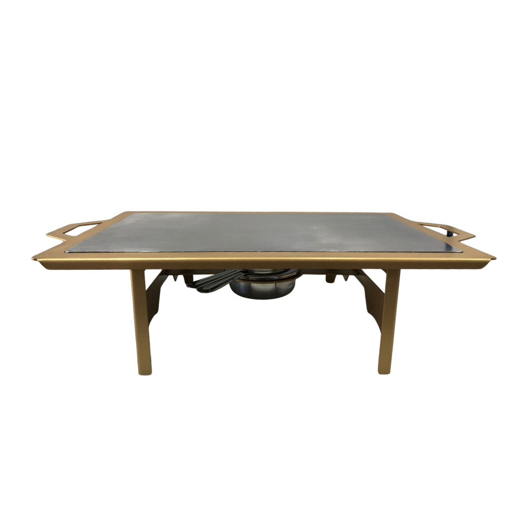 RECHAUD RETANGULAR EM AÇO DOURADO COM CHAPA DIFUSORA DE CALOR EM ALUMINIO 50CM x 28CM QUEIMADOR INOX CAPACIDADE 150 ML