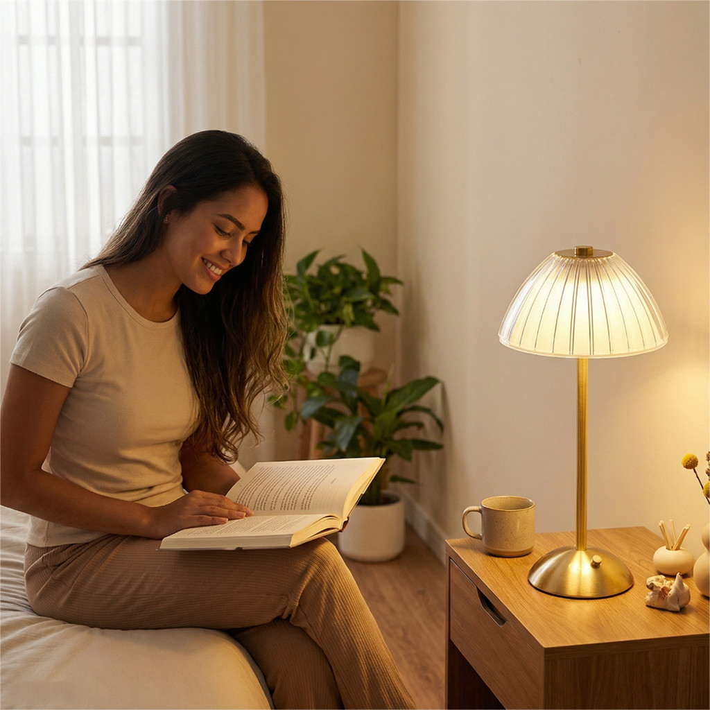 Luminária de Mesa Cogumelo Dourado 3W USB Recarregável Touch Luxo - Abajur Quarto Casal