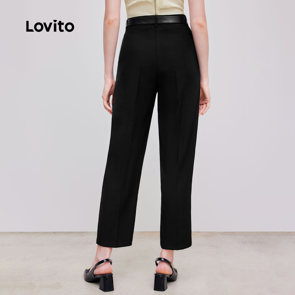 Detalhes do Lovito Calça Elegante com Botão  Confortável e Simples para Todas As Estações  Preta para mulheres L143AD1595