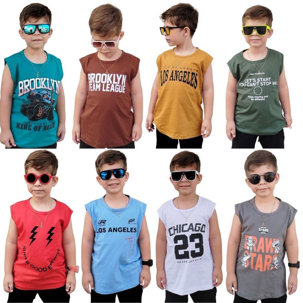 Kit Com 3 Regatas 100% Algodão Sortidas  Infantil Menino Lançamento Verão  Veste 2 ao 12 Anos