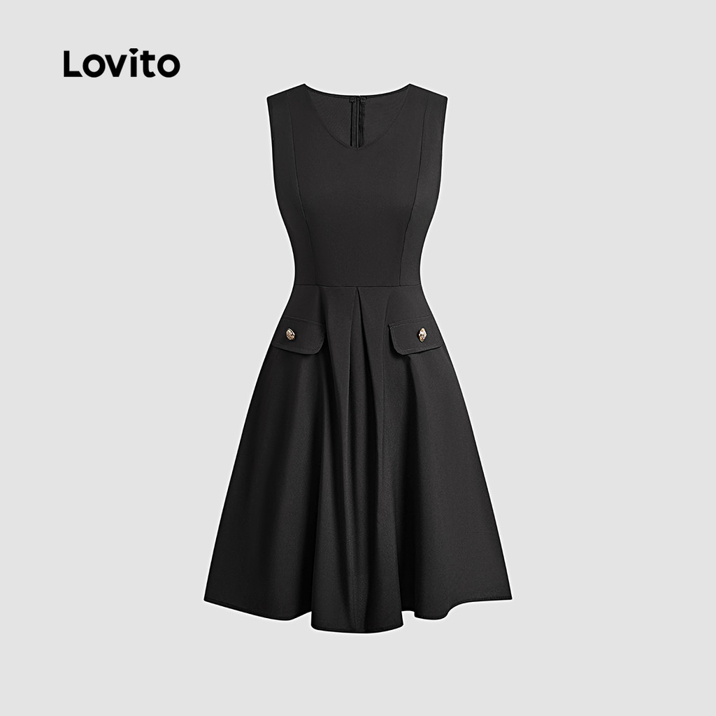 Detalhes do Lovito Vestido Elegante Preto Retrô Com Fivela De Metal E Bolso Falso Para Primavera/verão Ideal Para Mulheres L137ED309