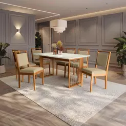 Conjunto Sala de Jantar Eva em Madeira Maciça 6 Cadeiras Boucle Bege