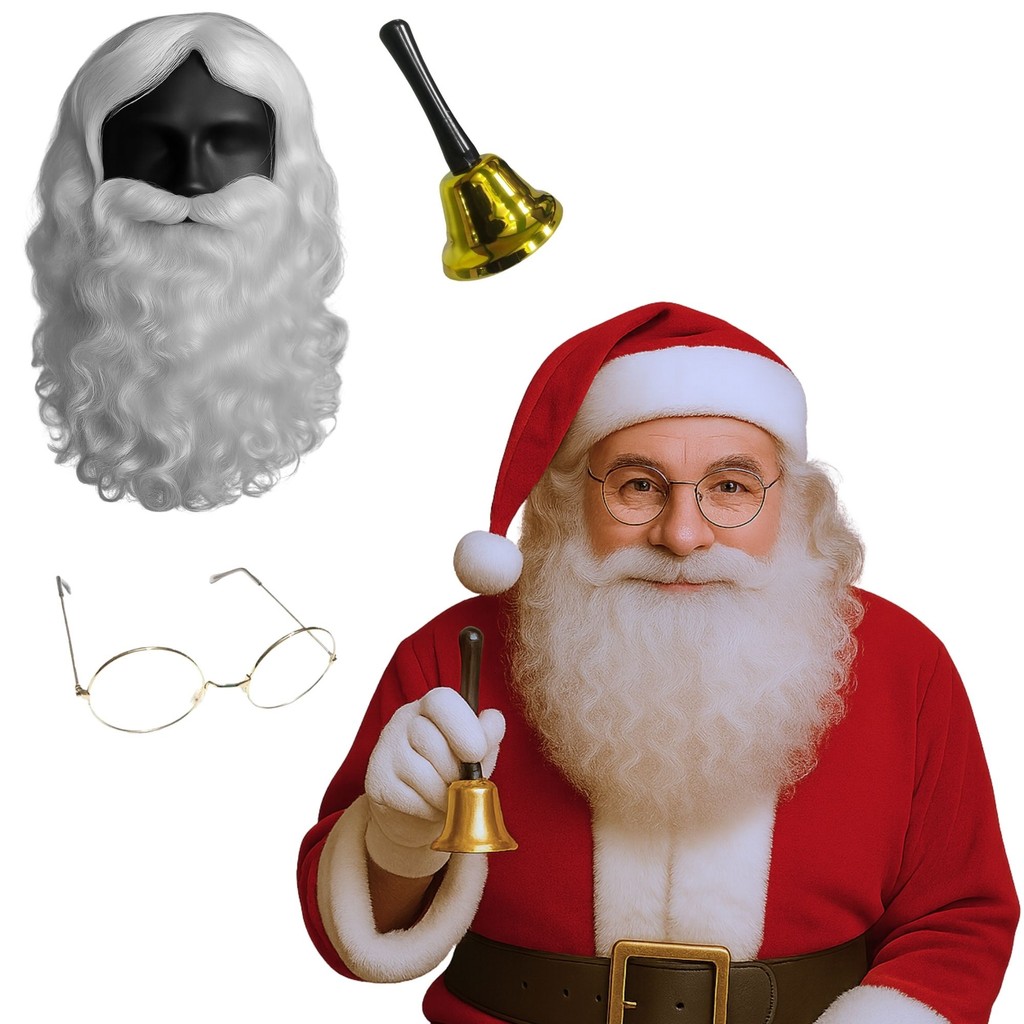 Kit Fantasia Papai Noel Peruca Barba Longa Branca Óculos Metal Sino Dourado de Mão Traje Acessórios