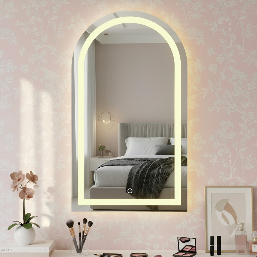Espelho Arco 110x50 Lapide Jateado Base Reto C/ Led E Touch Closet Camarim