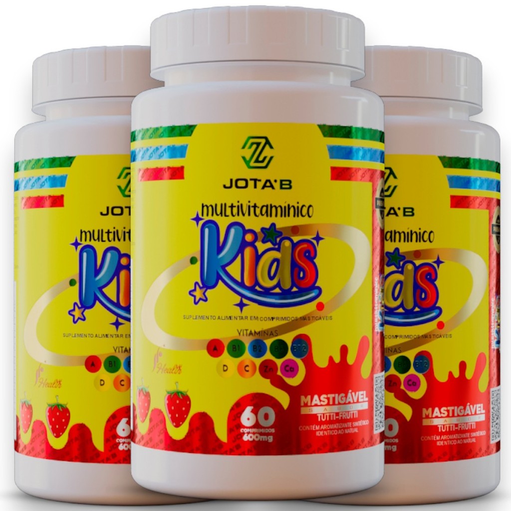 Kit 3x Vitamina de A-Z Infantil – 60 comprimidos Sabor Tutti-Frutti Multivitamínico Mastigáveis,
