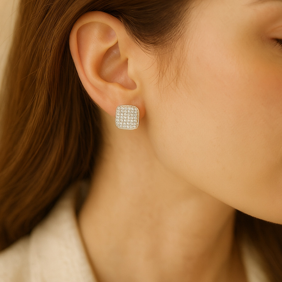 Brinco de Pressão Feminino Quadrado e Gota  Cravejado em Zircônia – Sem Furo / Ear Cuff Banhado a Ouro 18K e Prata 925