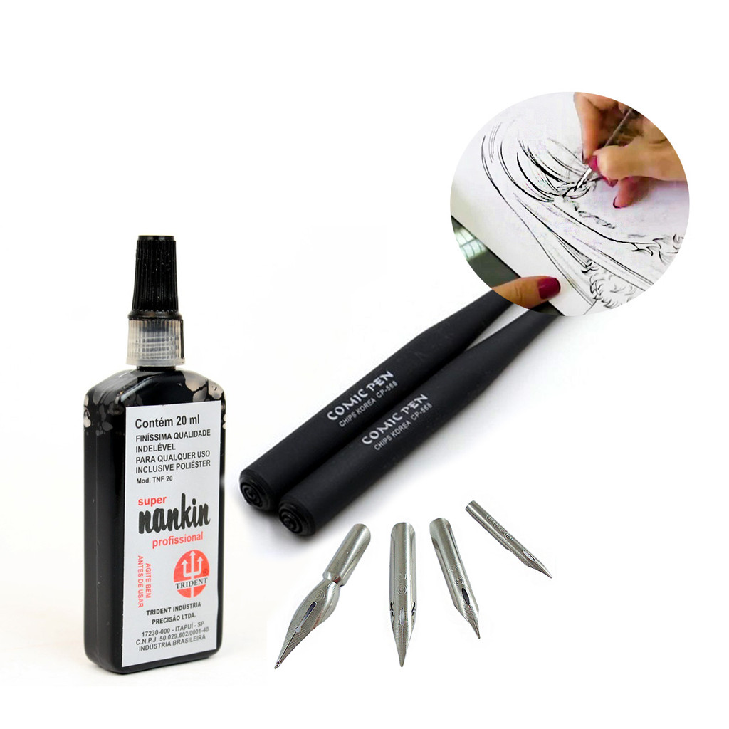 Kit Caneta Bico de Pena Para Desenho Caligrafia Nanquim Trident