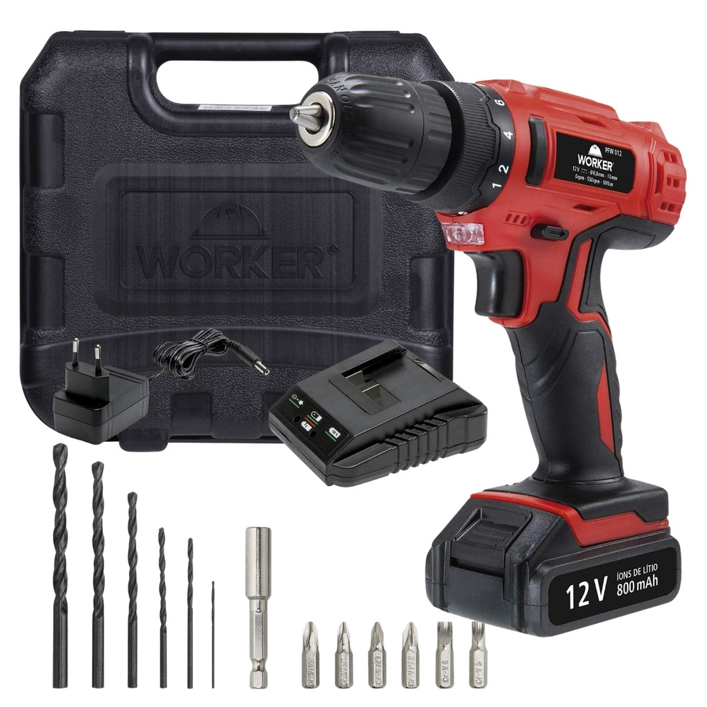 Parafusadeira Furadeira 12V Bivolt 10Nm 13 Peças Worker em Oferta na Shopee