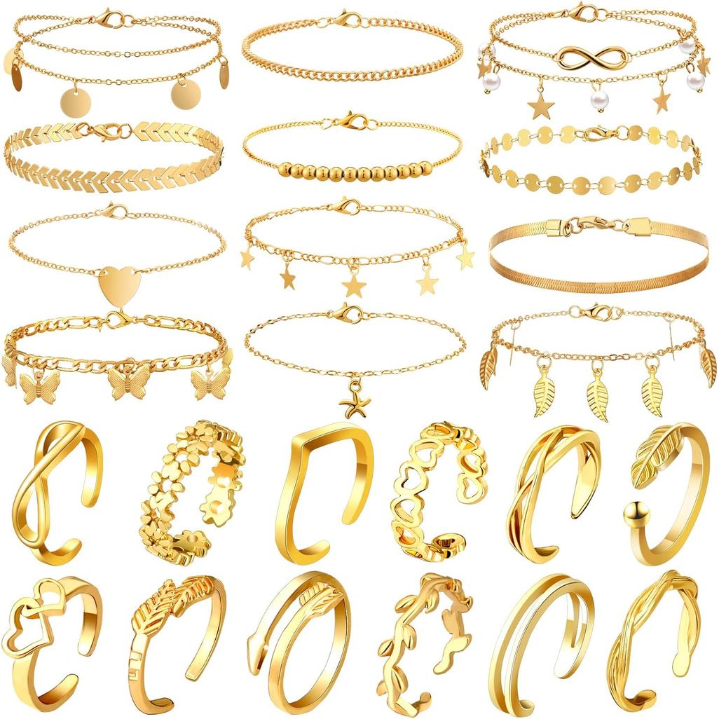 Sasylvia 24 Peças Tornozeleira E Anel De Dedo Do Pé Conjunto Para Mulheres Menina Prata Ouro Em Camadas Corrente Ajustável Aberto Je