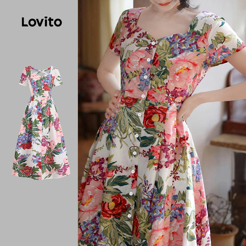 Lovito Vestido Romântico com Botões e Cruzado em Espiral  Vestido de Primavera/verão para mulheres L143ED321 em Oferta na Shopee
