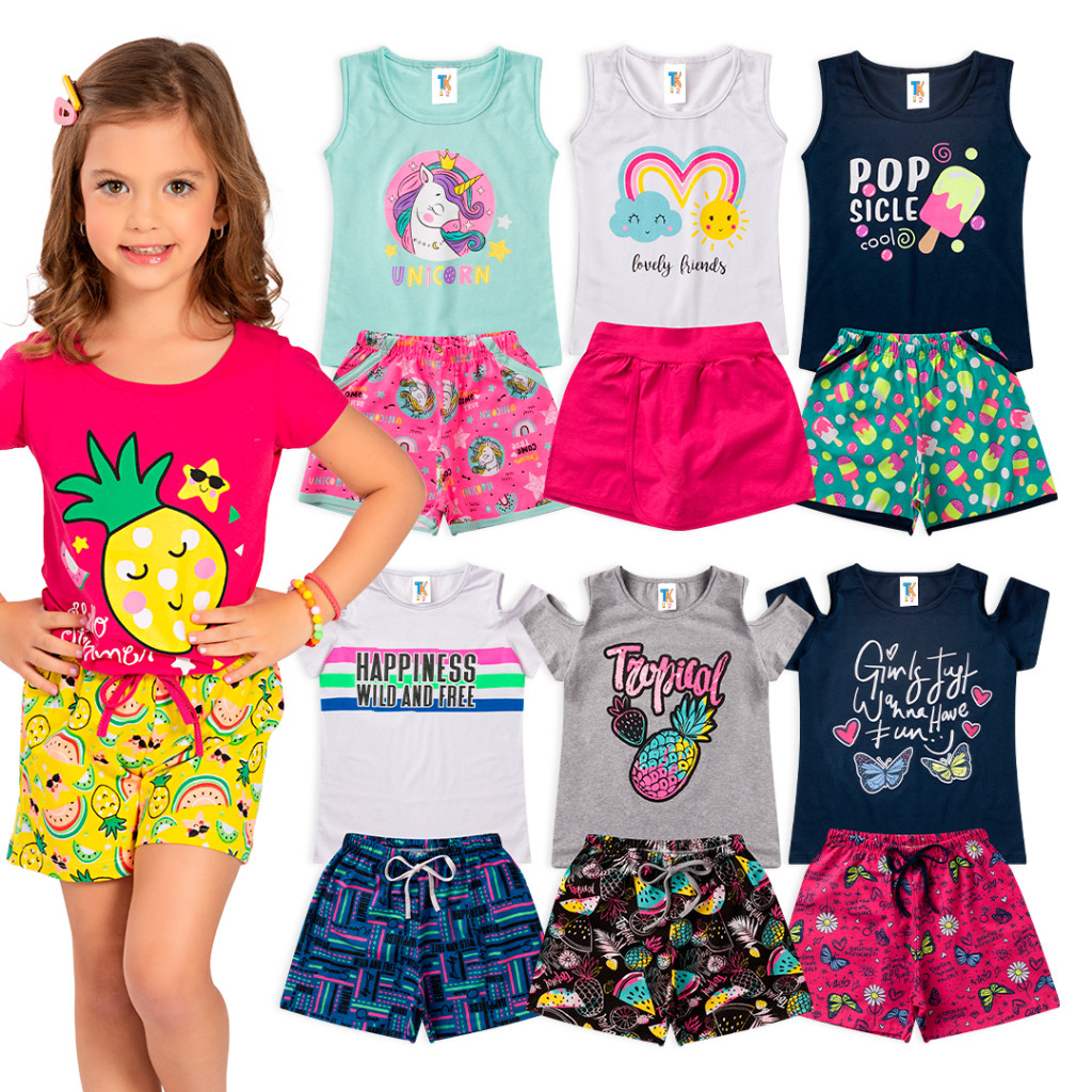 Kit Conjuntos Infantil Juvenil Sortidos até 10 Peças Short Blusa Verão Calor Menina Feminino