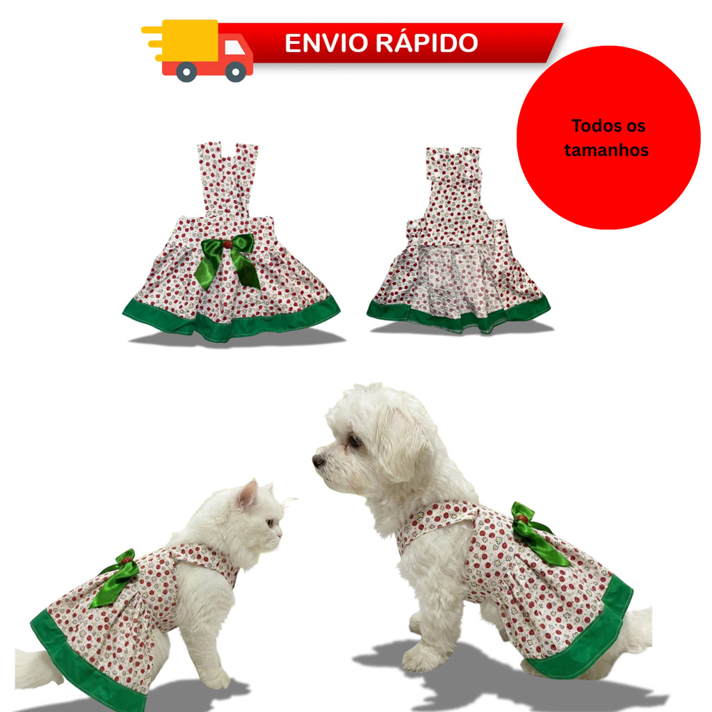Vestido Pet Joaninha com Laço Verde Grande | Jardineira Roupa para Cães e Gatos Fêmea | Ajustável P ao GG