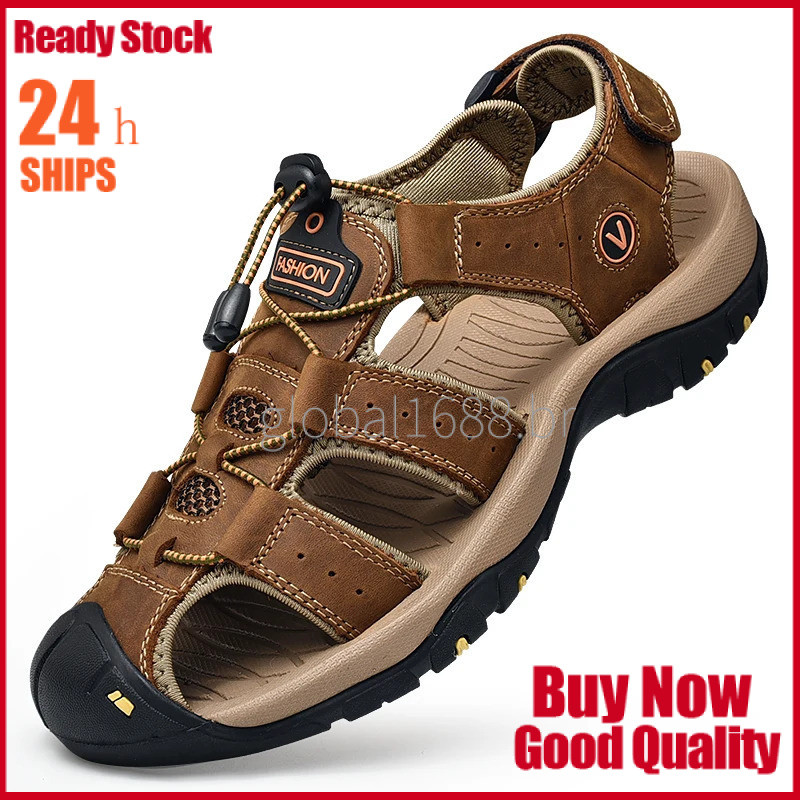{PRONTA ENTREGA}Sandálias Masculinas de Verão em Couro Legítimo Sapatos Casuais Masculinos Sandálias de Couro para Homen