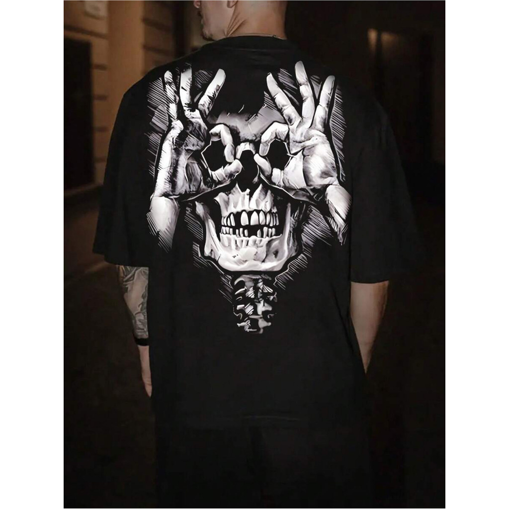 Camiseta Masculina Gótica Caveira Estampa Costas Preto Branco Estilosa Confortável Moderna Esportiva