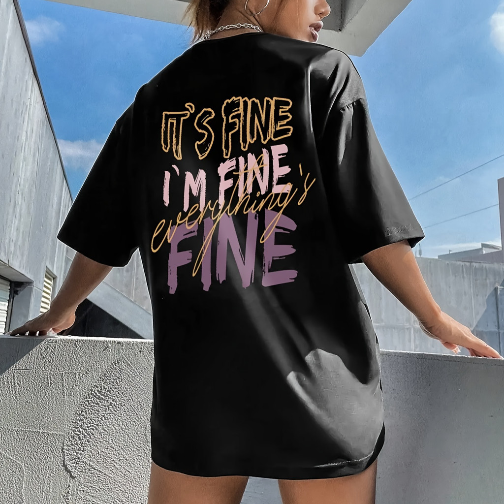 Camiseta Feminina Its Fine Im Fine Frase Motivacional Padrão Geométrico Estampada Confortavel Estilosa Moderna Casual