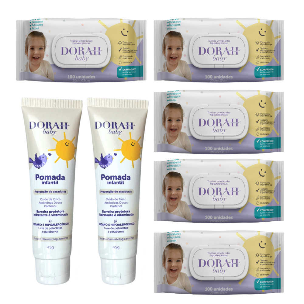 Kit 5x Toalhas Umedecidas 100un + 2 Pomadas 45g Dorah Baby Hipoalergênicas