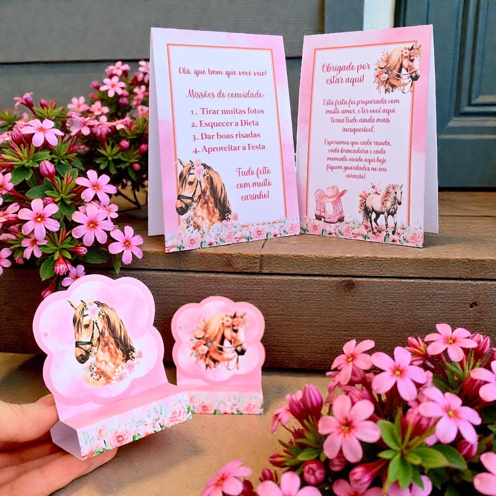 Kit Plaquinhas de mesa + Porta Bis duplo CAVALO ROSA menina Haras Conwtry Cowgirl - Centro de mesa Lembrancinha de festa