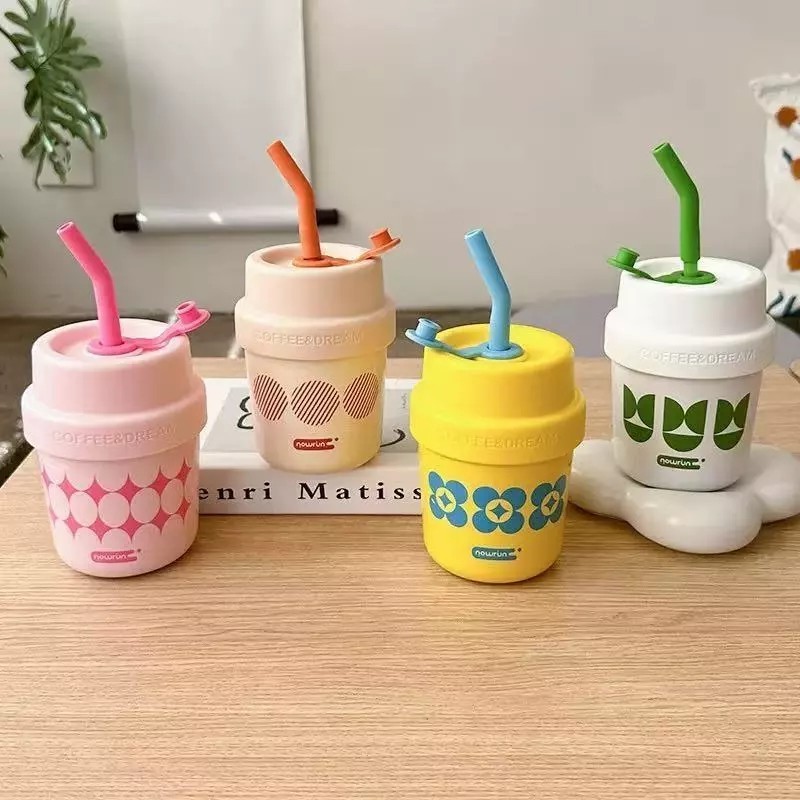 Copo Térmico de Café a Vácuo de Aço Inoxidável 400ml com Canudo Colorido e fofo aço inoxidável 316