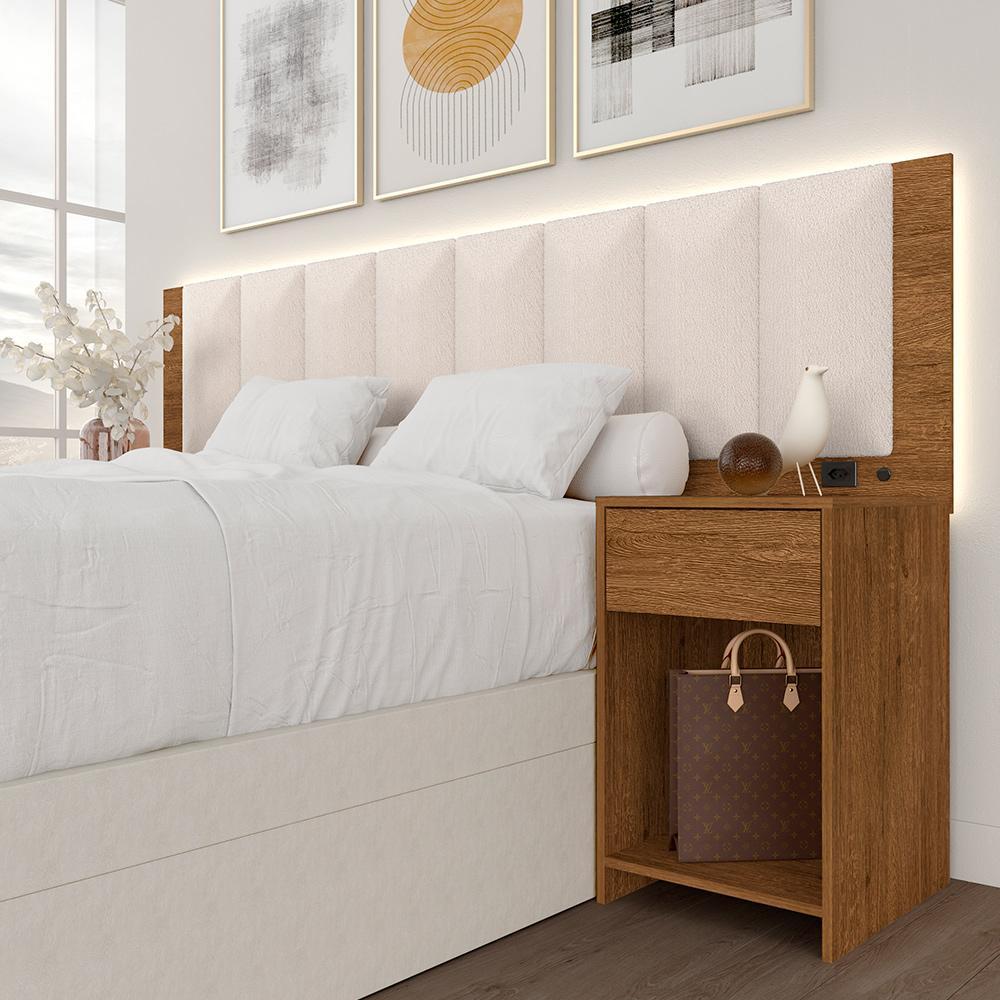 Cabeceira Estofada Cama Casal Deinze Com Led Freijó/bouclé Off - M.a em Oferta na Shopee