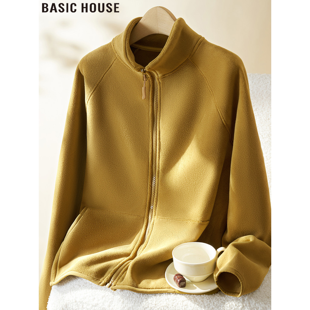 Casa básica/casa básica jaqueta de lã amarela com gola alta Casual cardigã combinado Top feminino primavera