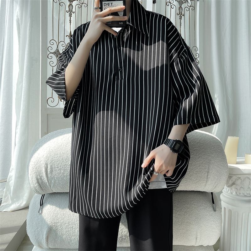 Camisa japonesa listrada de manga curta masculina, camisa da moda de alta qualidade, camisa Polo gorda de tamanho grande