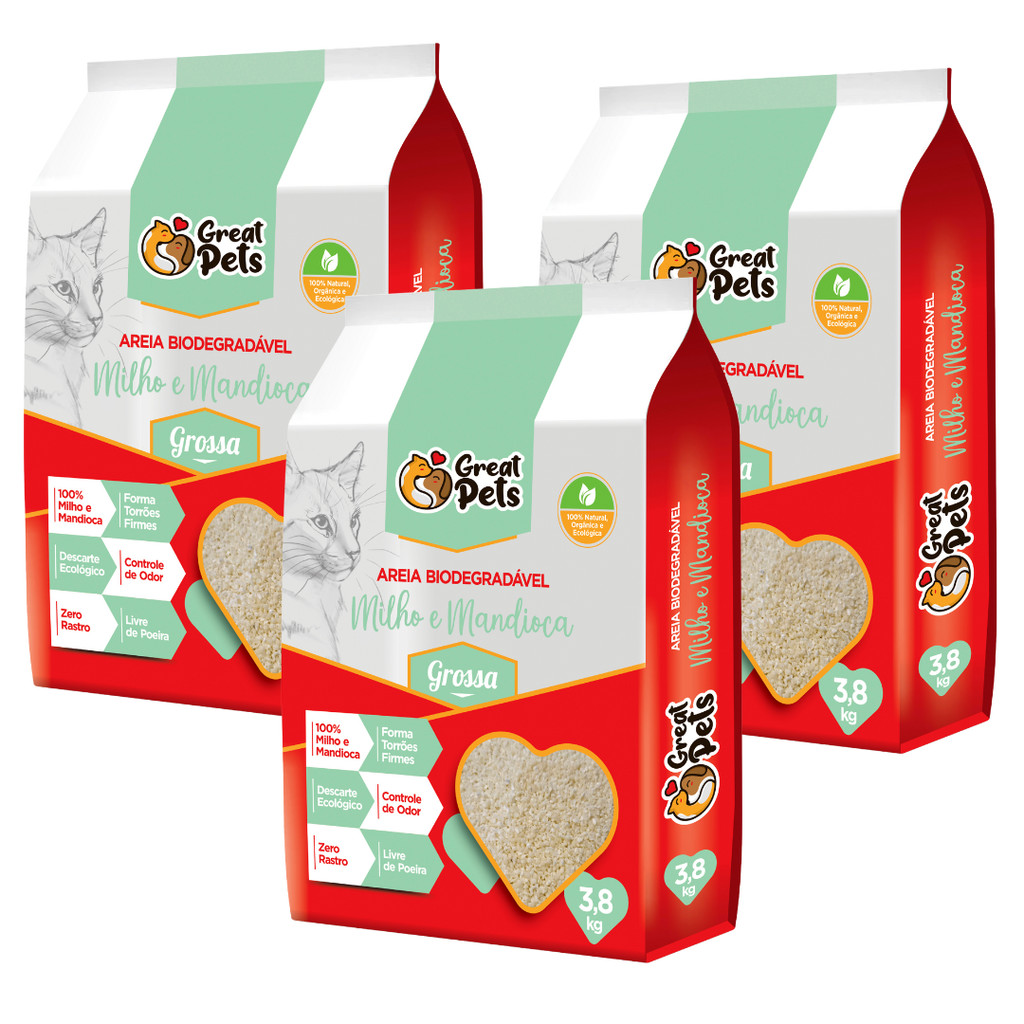 KIT 3und Areia Biodegradável Milho E Mandioca Grossa Great Pets 3,8kg