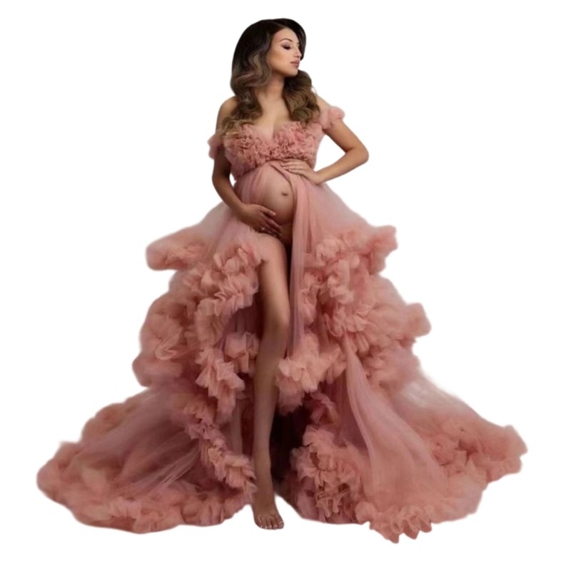 YOI Elegante Tullematernidade Vestido Fluffed Babados Para Fotos Evento Formal E Atividade Diária Durante