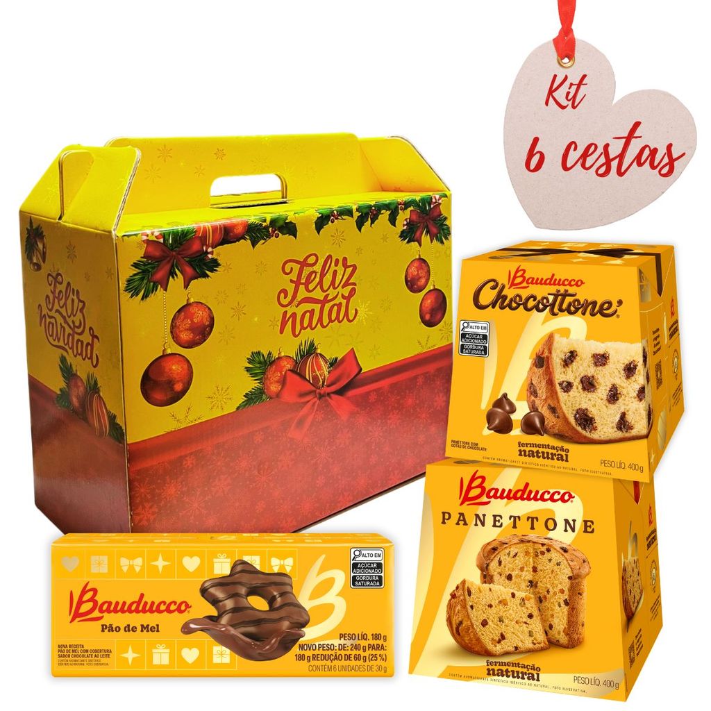 Kit 6 UNDs Cesta de Natal Aveloz C/ Bauducco PP Mini 3 Itens 0,980Kg