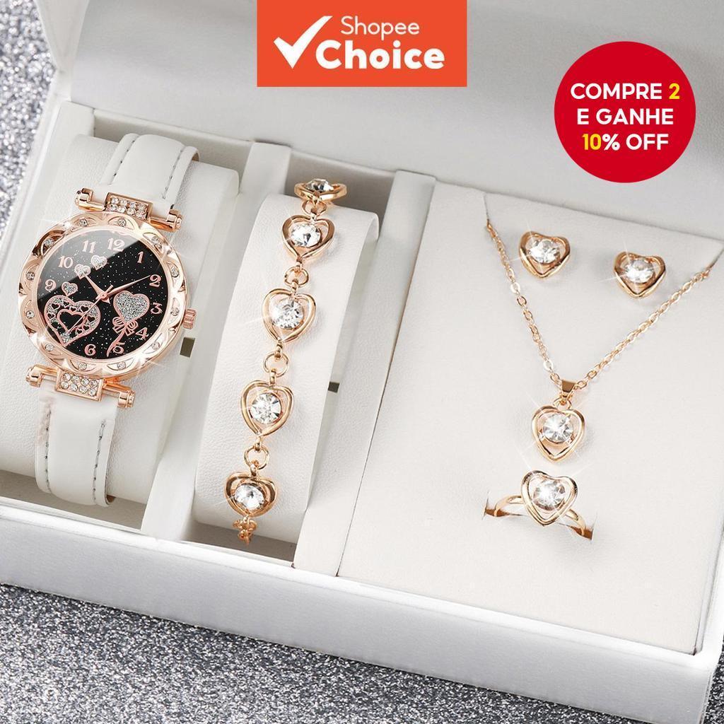 Conjunto Elegante De 6 Peças – Relógio De Quartzo Com Mostrador De Coração E Joias De Diamante (Caixa Não Incluída) em Oferta na Shopee