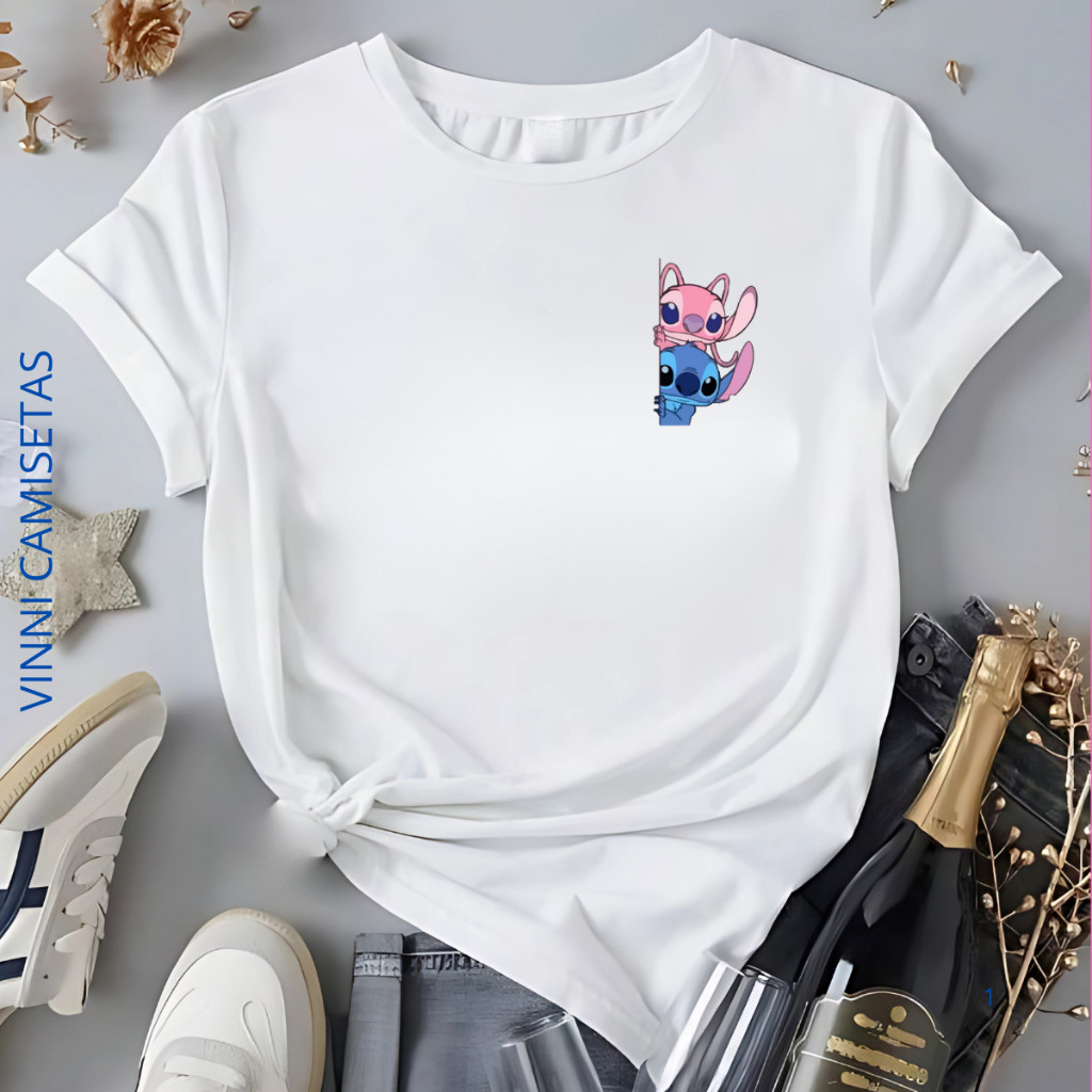 Camiseta Desenho Lilo e Stitch Fofa Casal Angel e Stitch 100% Algodão Unissex Feminina Masculina