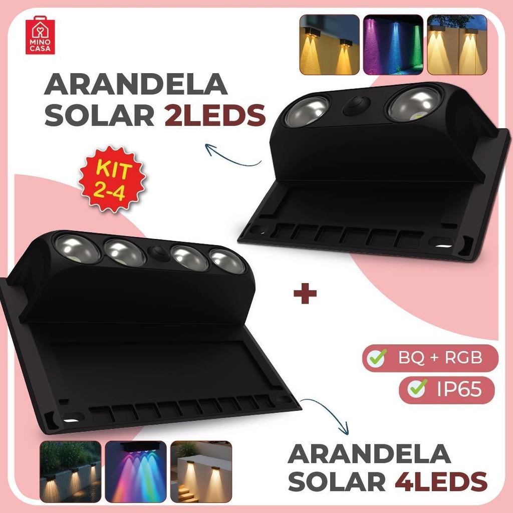 Arandela Solar 1 LED 2 LEDS 4 LEDS Luz Quente Placa Solar Embutidade A Prova Dágua