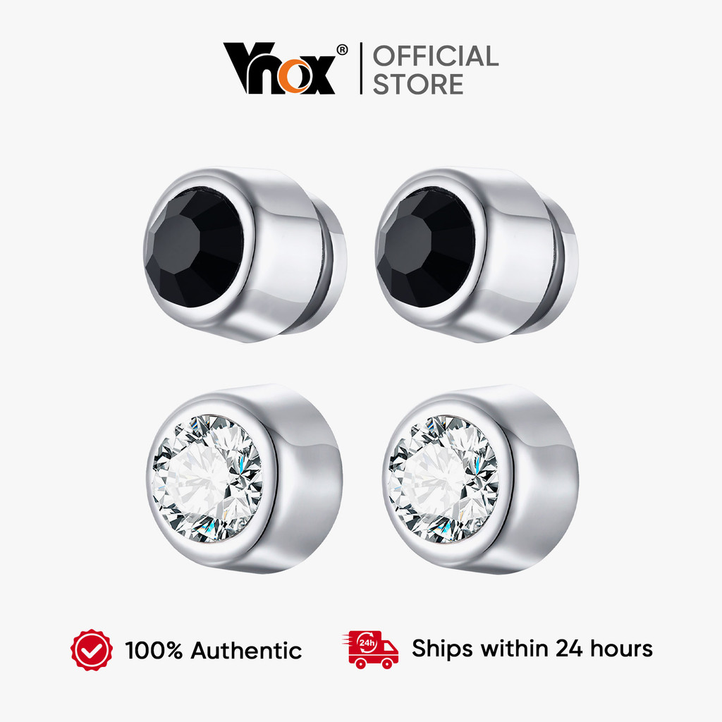 Vnox Black White Zircon Non-Pierced Ear Clips for 4-8MM Single/Pair Earring Clips Magnetic