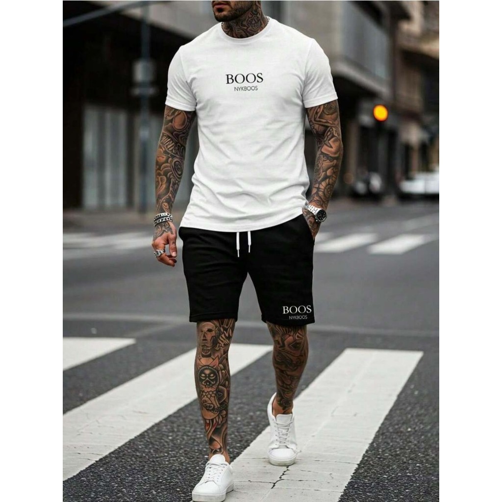 Conjunto Camiseta Bos Masculina Malha PREMIUM Bermuda tactél Com Bolso Kit Casual Tendencia