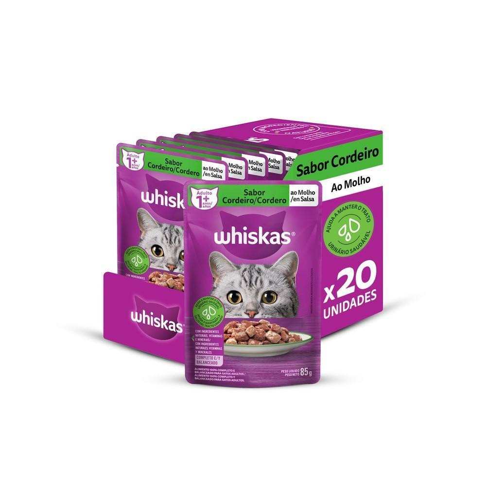 Ração Úmida Whiskas Sachê Cordeiro ao Molho para Gatos Adultos - 20 Sachês de 85g