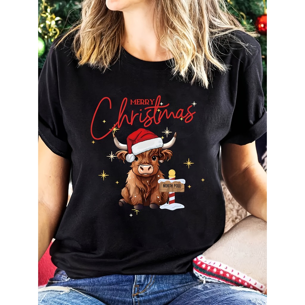 Camiseta Feminina Casual Plus Size De Algodão Puro Com Estampa Natalina De Touro Das Terras Altas E Gorro De Papai Noel