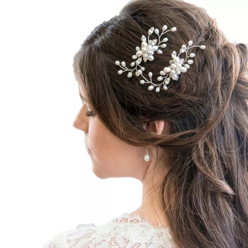Kit 2 Grampos Grinalda de Pérolas para Noiva Elegante Cristais Penteado Casamento Festa
