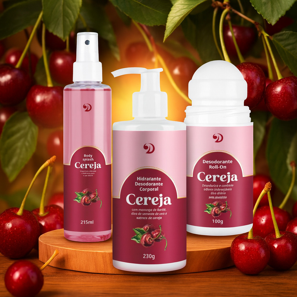Kit Hidratante Corporal Cereja e Karité Body Splash e Desodorante Sem Alumínio Com Óleo de Melaleuca e Vitamina E Dokmos
