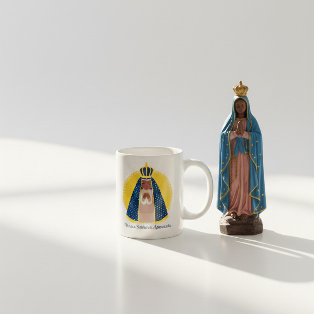 Caneca nossa senhora de aparecida religioso branca com imagem para chá, café, agua presente especial
