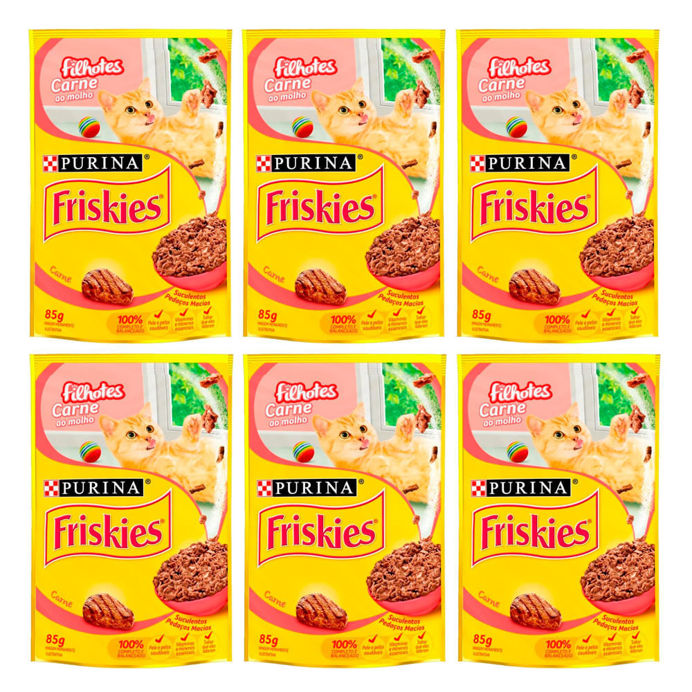 Kit 6 Ração Úmida para Gatos Friskies Filhotes Sabor Carne ao Molho em Sachê 85g em Oferta na Shopee